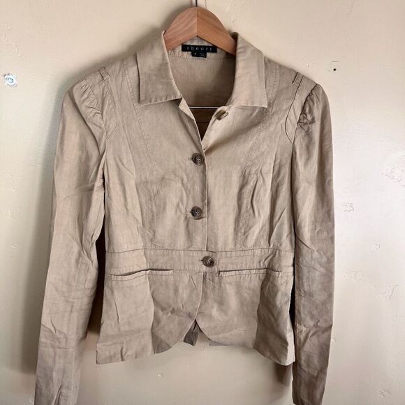 Theory Womens Linen Beige Khaki Shorter‎ Blazer Size 4 Career Work Wear - Picture 1 of 7